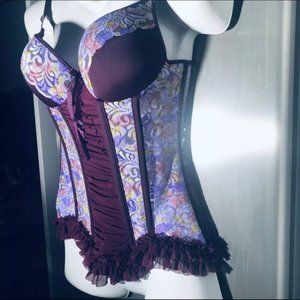 Coquette Purple & Wine Floral Boned Corset Bustier Lingerie Small